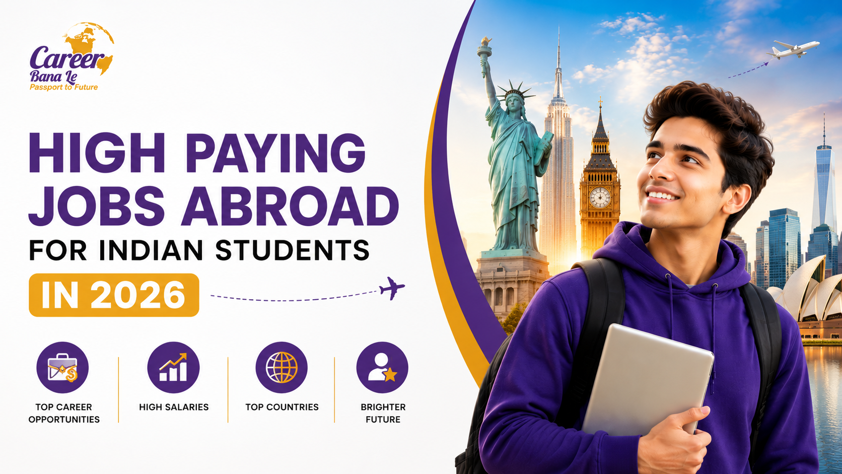 Indian student holding a laptop with global landmarks in the background, representing high-paying international career opportunities and study abroad options for Indian students in 2026.
